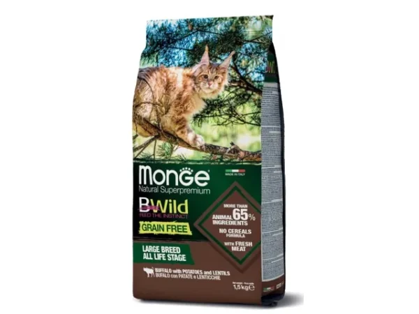 Monge Dry Cat GF LARGE breeds Buffalo Potatoes Lentils (buivolas,bulvės,lęšiai) 1.5kg