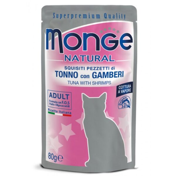 Monge Natural kons. pašaras suaugusioms katėms tuno ir vištienos kąsneliai su krevetėmis želėje 80g x 10vnt