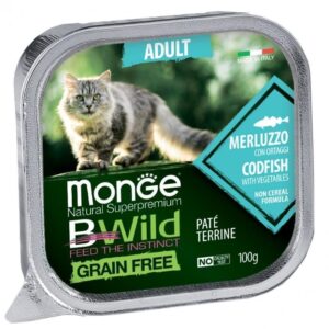 Monge BWild Adult paštetas katėms su su menke ir daržovėmis 100g x 10vnt