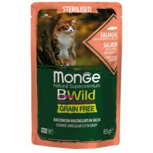 Monge BWild kons.pašaras sterilizuotoms katėms su lašiša krevetėmis ir daržovėmis padaže 85g x 10vnt