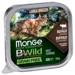 Monge BWild Large Breed keptas paštetas katėms su buivoliena ir daržovėmis 100g x 10vnt