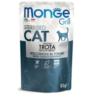 Monge Grill Sterilised konservuotas pašaras sterilizuotoms katėms su upėtakiu 85g
