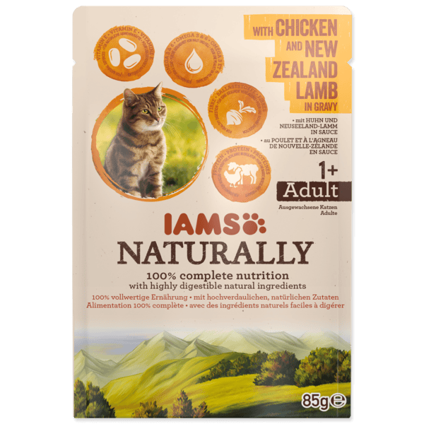 IAMS Naturally Adult konservaikatėms su vištiena ir ėriena padaže 85g x 10vnt