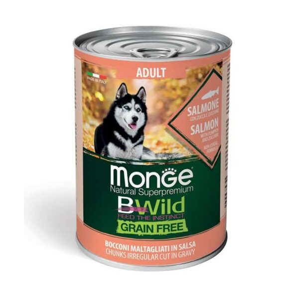 Monge Bwild adult konservuotas pasaras su lasisa moliugais ir cukinijomis 400g
