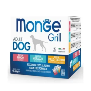 Monge GRILL MIX Dog Adult beef/cod/chicken su jautiena, žuvimi ir vištiena 100gx12