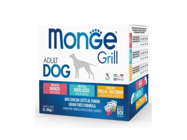 Monge GRILL MIX Dog Adult beef/cod/chicken su jautiena, žuvimi ir vištiena 100gx12