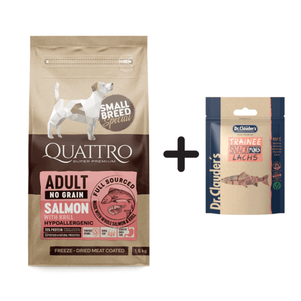 Quattro small breed sausas maistas šunims su lašiša ir kriliu 7kg + Dr.Clauder's skanėstai