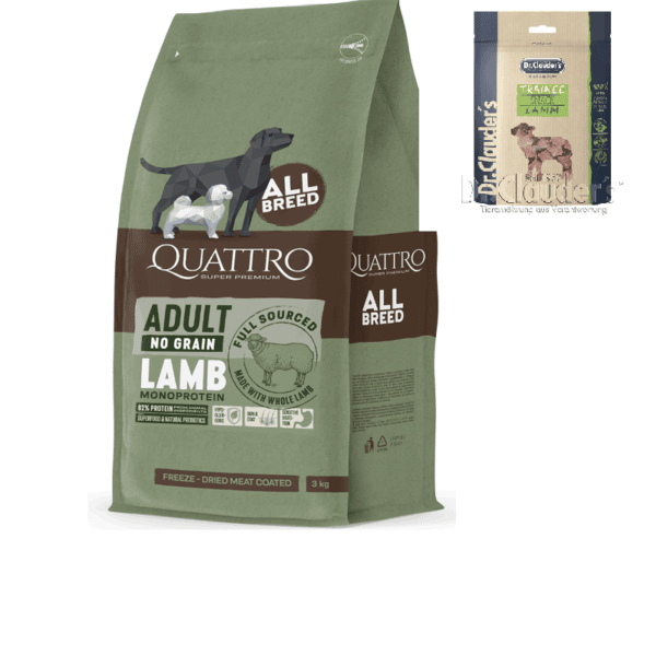 Rinkinys QUATTRO all breed ėriena 12 kg Dr Clauders ėrienos skanėstai 80 g