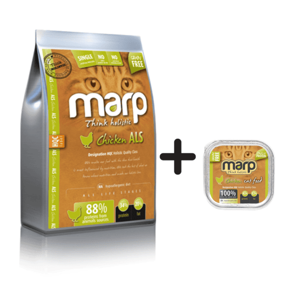 Marp holistinis sausas maistas katėms su vištiena 12kg + konservai 100g