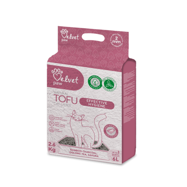 VELVET PAW TOFU kačių kraikas su bambuko anglimi ulongo arbatos ir sakuros esencija 2,6kg 6l