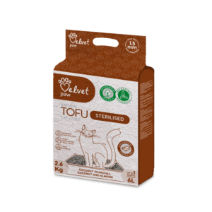 VELVET PAW TOFU sterilizuotų kačių kraikas su kokoso anglimi kokosų ir migdolų esencija 2,6 kg 6l