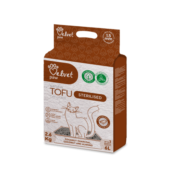 VELVET PAW TOFU sterilizuotų kačių kraikas su kokoso anglimi kokosų ir migdolų esencija 2,6 kg 6l