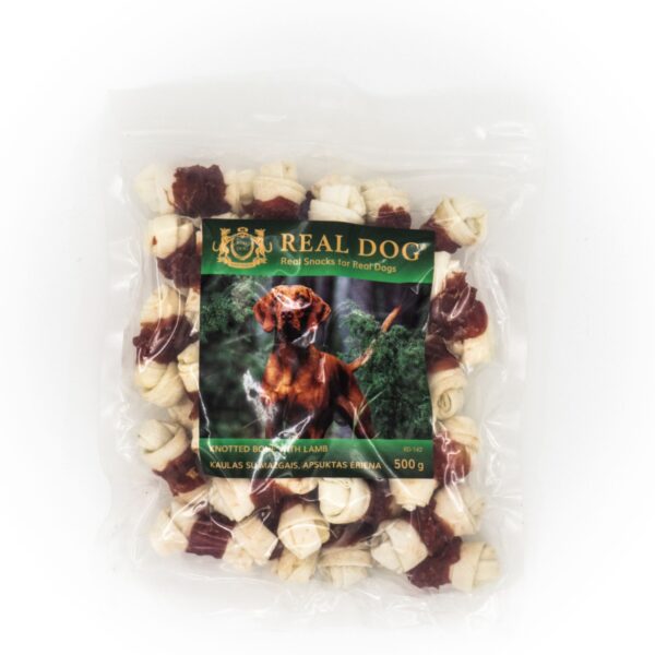 REAL DOG SNACKS Kaulas su mazgais apsuktas ėriena 500g