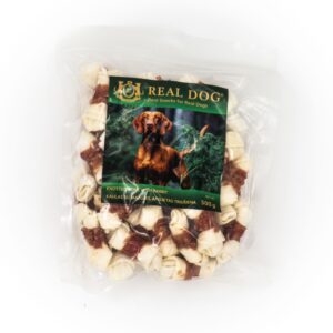 REAL DOG SNACKS Kaulas su mazgais apsuktas triušiena 500g