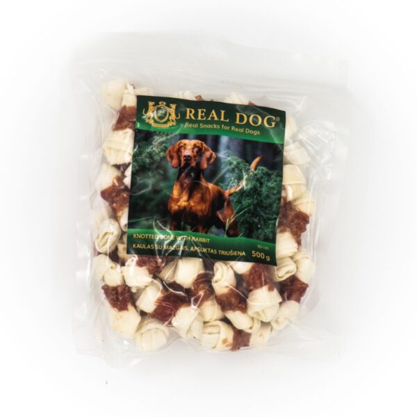 REAL DOG SNACKS Kaulas su mazgais apsuktas triušiena 500g