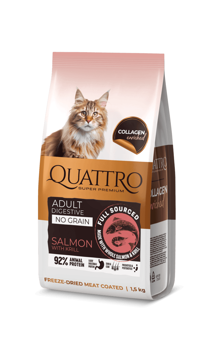 Quattro collagen digestive salmon sausas maistas katėms su lašiša ir krilium 1,5kg Quattro collagen digestive salmon sausas maistas katėms su lašiša ir krilium 1,5kg