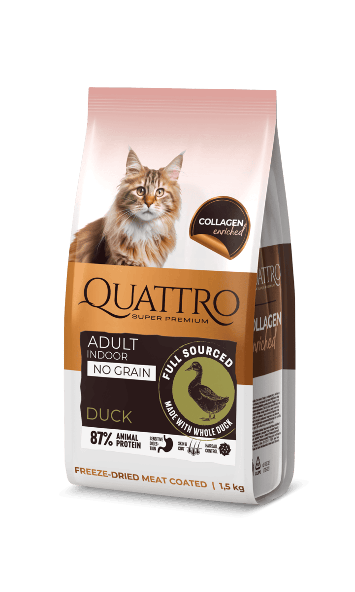 Quattro collagen indoors duck sausas maistas katėms su antiena 1,5kg Quattro collagen indoors duck sausas maistas katėms su antiena 1,5kg