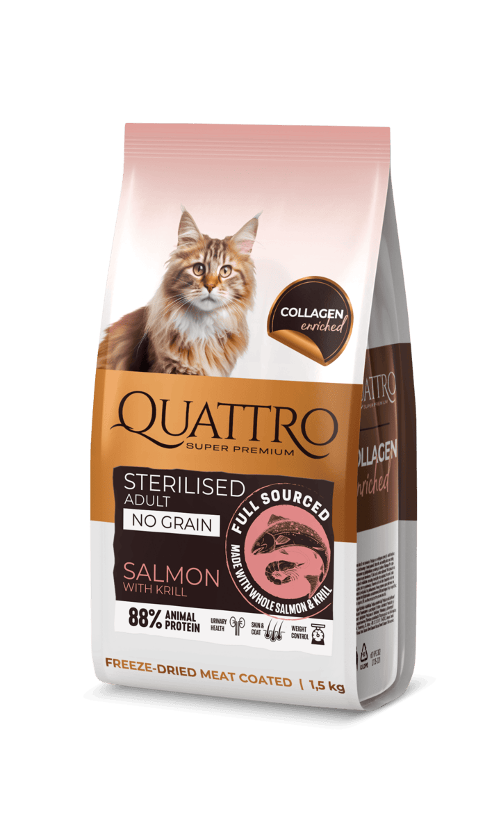Quattro collagen sterilised salmon sausas maistas katėms su lašiša ir krilium 1,5kg Quattro collagen sterilised salmon sausas maistas katėms su lašiša ir krilium 1,5kg