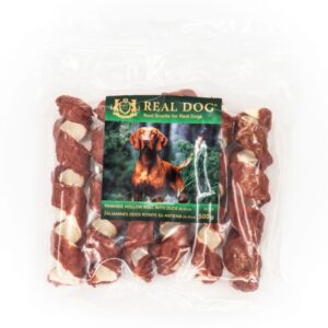 REAL DOG SNACKS Žaliaminės odos spyruoklė su antiena 18-20 cm 500 g