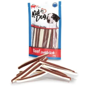 KIDDOG Sandwich jautienos ir menkės juostelės 80g