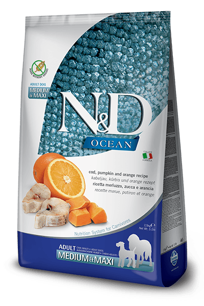 FARMINA N&D OCEAN DOG Dry Cod Pumpkin&Orange ADULT MED&MAX 2,5 kg FARMINA N&D OCEAN DOG Dry Cod Pumpkin&Orange ADULT MED&MAX 2,5 kg