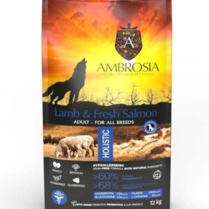 Gyvūnų prekės 11 AMBROSIA grain-free Lamb & Fresh Salmon Adult, begrūdis ėrienos ir šviežios lašišos sausas maistas šunims