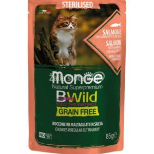 Monge BWILD Cat Pouches Sterilised Salmon,Shrimps and Vegetables konservai katėms 85g