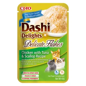 Gyvūnų prekės 15 CIAO Dashi delight vištienos dribsniai su tunu ir šukutėmis 40g