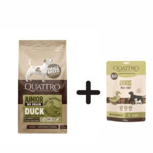 QUATTRO Small Breed Junior sausas begrūdis maistas su antiena 7kg + Quattro skanėstai