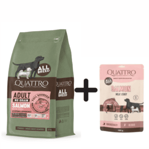 QUATTRO begrūdis visų veislių suaugusių šunų pašaras su lašiša ir kriliu 12kg + Quattro skanėstai