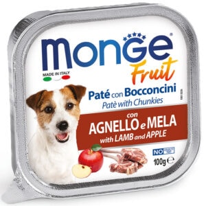 Gyvūnų prekės 18 Monge Fruit Wet Dog PATE & CHUNKIES LAMB & APPLE 100 g