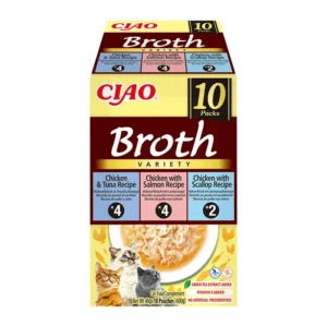 CIAO Broth skanėstas katėms, vištiena su lašiša tunu ir šukutėmis vištienos sultinyje, 10x40 g
