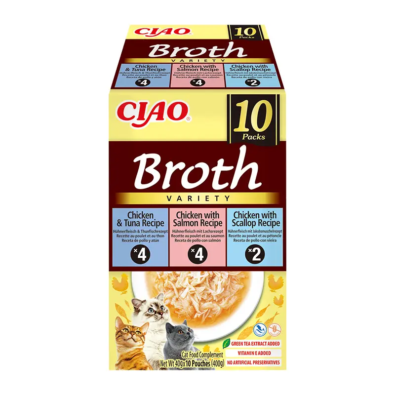 CIAO Broth skanėstas katėms, vištiena su lašiša tunu ir šukutėmis vištienos sultinyje, 10x40 g CIAO Broth skanėstas katėms, vištiena su lašiša tunu ir šukutėmis vištienos sultinyje, 10x40 g