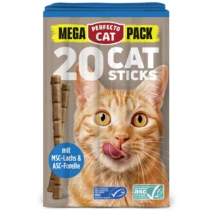 Perfecto Cat MEGA PACK skanėstai katėms lazdelės su lašiša ir upėtakiu 20 vnt